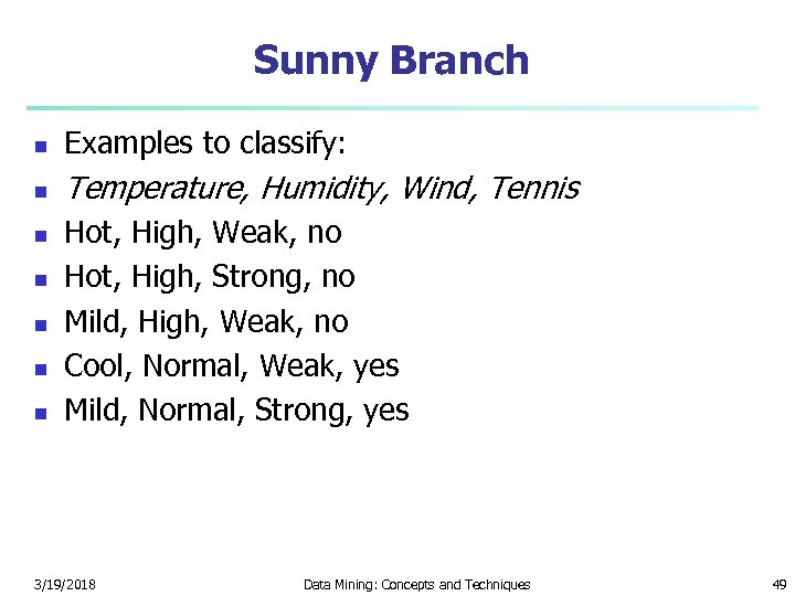 Sunny Branch n Examples to classify: n Temperature, Humidity, Wind, Tennis n n n