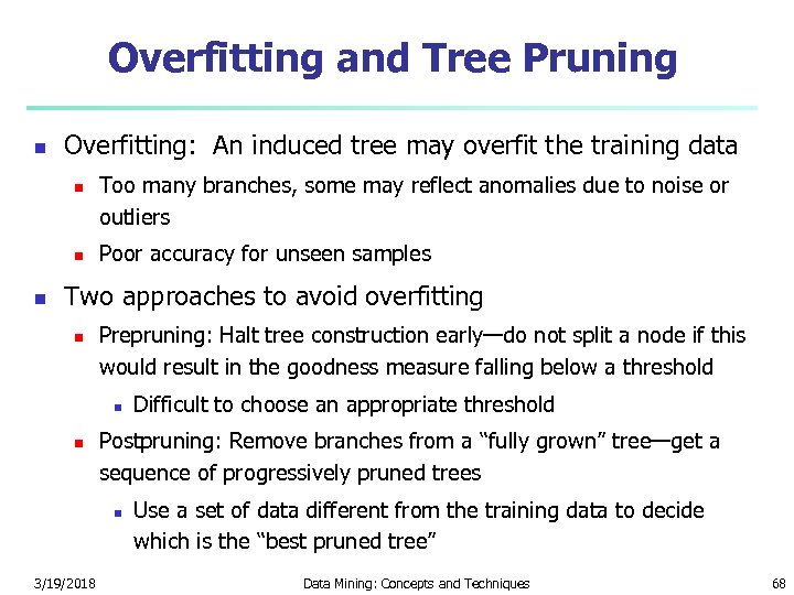 Overfitting and Tree Pruning n Overfitting: An induced tree may overfit the training data