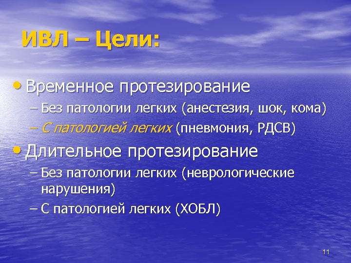 ИВЛ – Цели: • Временное протезирование – Без патологии легких (анестезия, шок, кома) –
