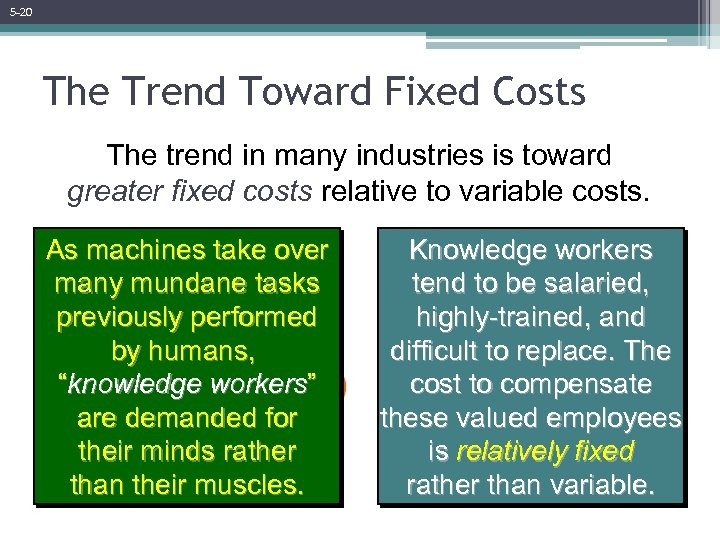 5 -20 The Trend Toward Fixed Costs The trend in many industries is toward