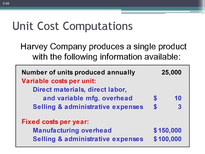 5 -58 Unit Cost Computations Harvey Company produces a single product with the following