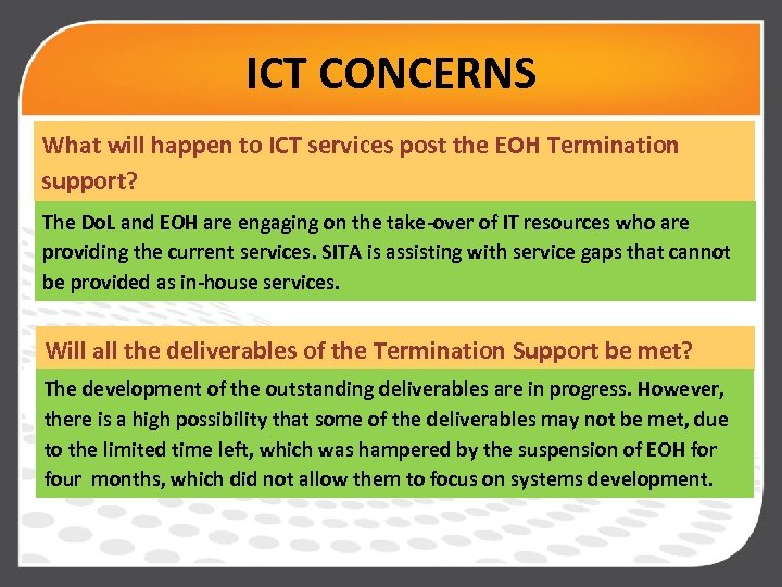 ICT CONCERNS What will happen to ICT services post the EOH Termination support? The