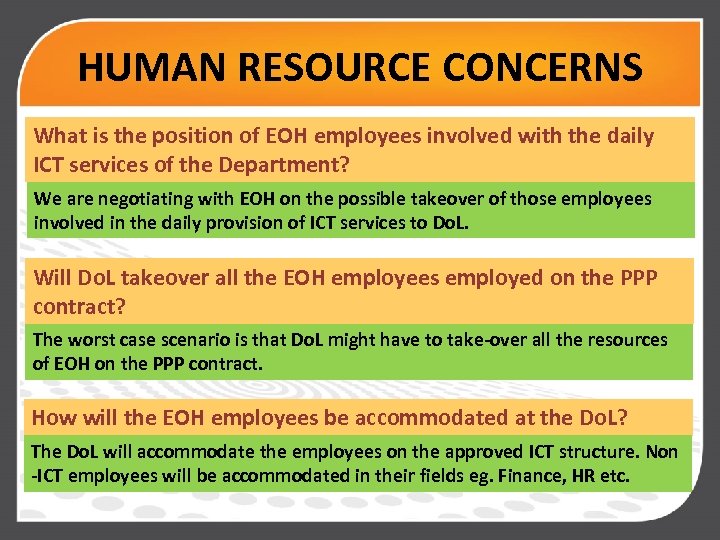 HUMAN RESOURCE CONCERNS What is the position of EOH employees involved with the daily