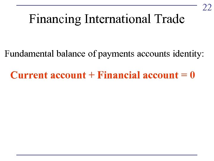 Financing International Trade 22 Fundamental balance of payments accounts identity: Current account + Financial