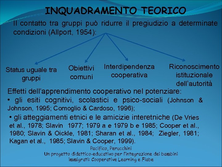 INQUADRAMENTO TEORICO Il contatto tra gruppi può ridurre il pregiudizio a determinate condizioni (Allport,