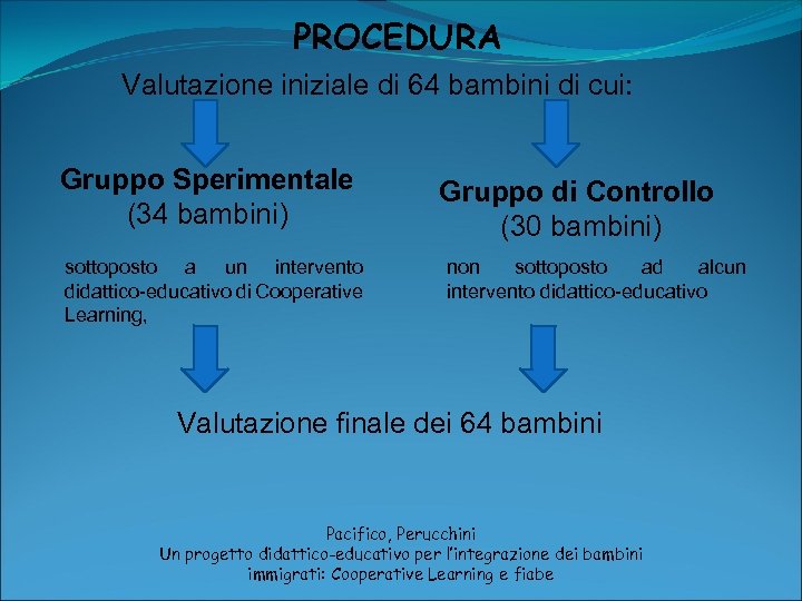 PROCEDURA Valutazione iniziale di 64 bambini di cui: Gruppo Sperimentale (34 bambini) sottoposto a