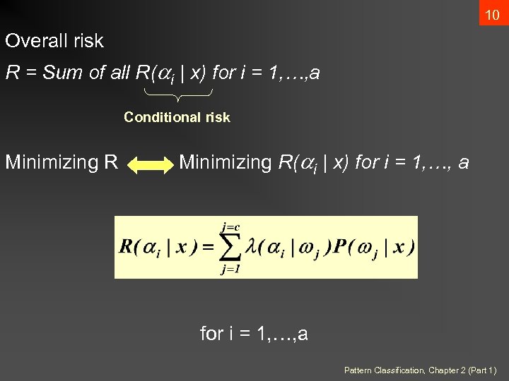 10 Overall risk R = Sum of all R( i | x) for i