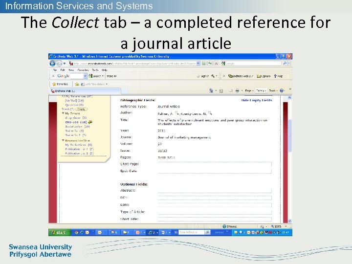 Information Services and Systems The Collect tab – a completed reference for a journal