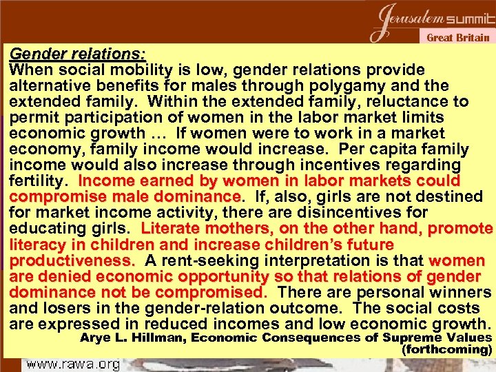 Great Britain Gender relations: Promoting The Status of Women When social mobility is low,