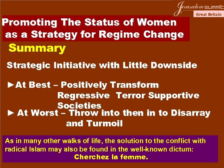 Promoting The Status of Women as a Strategy for Regime Change Great Britain Summary