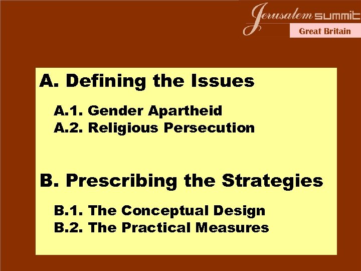 Great Britain A. Defining the Issues A. 1. Gender Apartheid A. 2. Religious Persecution