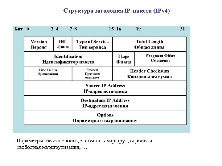 Структура заголовка IP-пакета (IPv 4) Параметры: безопасность, запомнить маршрут, строгая и свободная маршрутизация, …