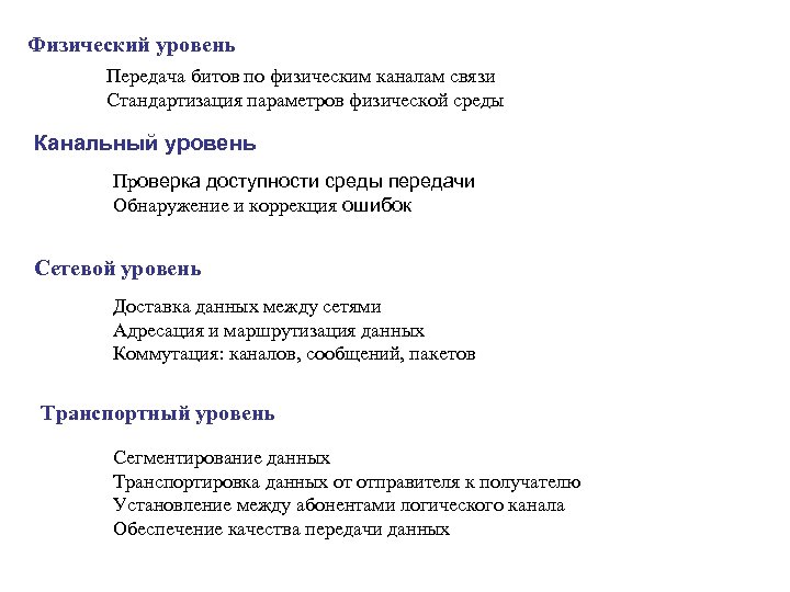 Физический уровень Передача битов по физическим каналам связи Стандартизация параметров физической среды Канальный уровень