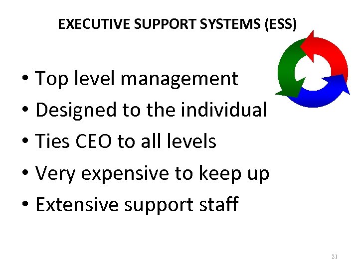 EXECUTIVE SUPPORT SYSTEMS (ESS) • Top level management • Designed to the individual •