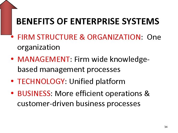 BENEFITS OF ENTERPRISE SYSTEMS • FIRM STRUCTURE & ORGANIZATION: One organization • MANAGEMENT: Firm