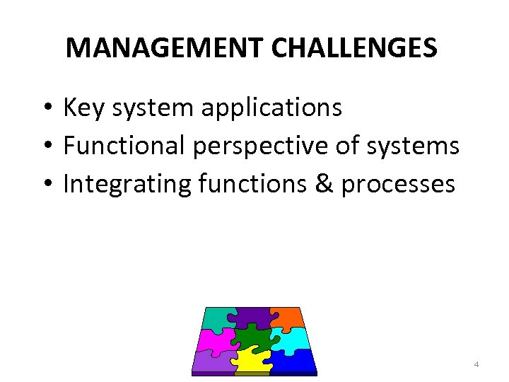 MANAGEMENT CHALLENGES • Key system applications • Functional perspective of systems • Integrating functions