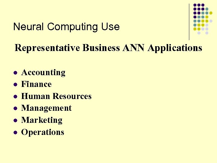 Neural Computing Use Representative Business ANN Applications l l l Accounting Finance Human Resources