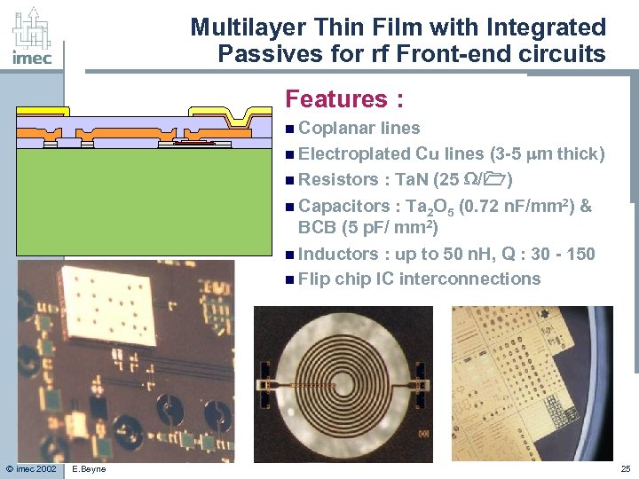 Multilayer Thin Film with Integrated Passives for rf Front-end circuits Features : n Coplanar