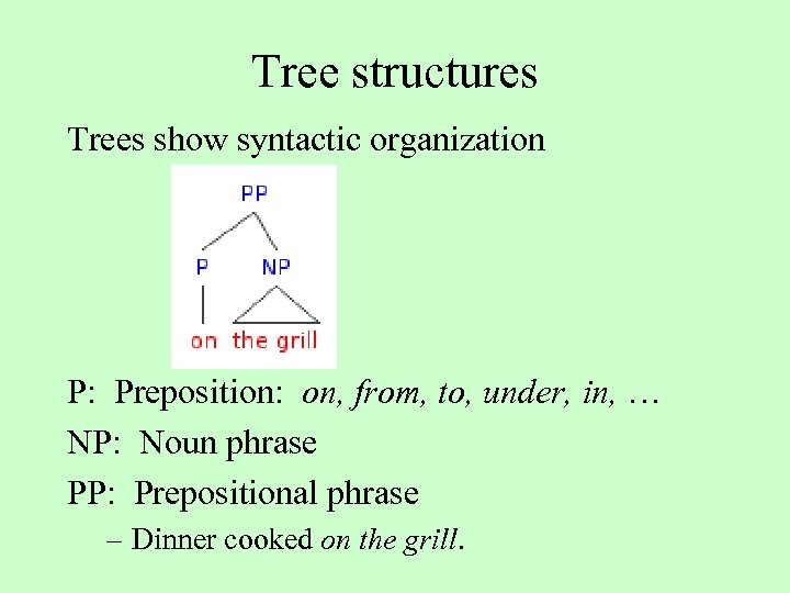 Tree structures Trees show syntactic organization P: Preposition: on, from, to, under, in, …