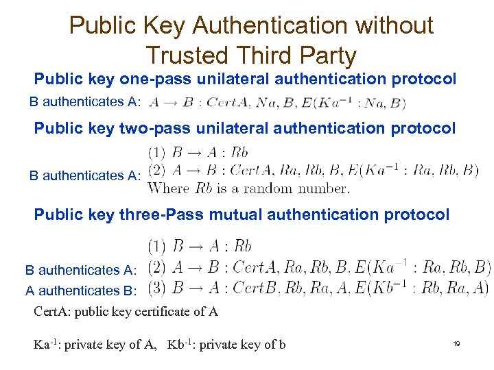 Public Key Authentication without Trusted Third Party Public key one-pass unilateral authentication protocol B