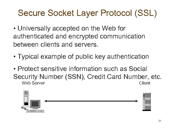 Secure Socket Layer Protocol (SSL) • Universally accepted on the Web for authenticated and