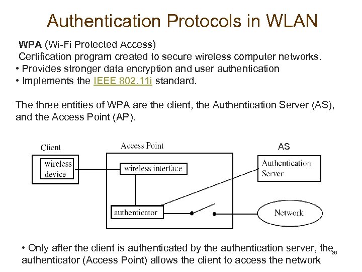 Authentication Protocols in WLAN WPA (Wi-Fi Protected Access) Certification program created to secure wireless