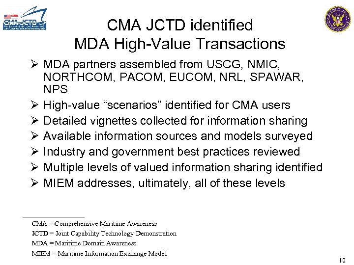 CMA JCTD identified MDA High-Value Transactions Ø MDA partners assembled from USCG, NMIC, NORTHCOM,