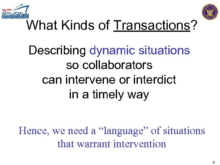 What Kinds of Transactions? Describing dynamic situations so collaborators can intervene or interdict in