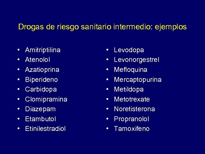 Drogas de riesgo sanitario intermedio: ejemplos • • • Amitriptilina Atenolol Azatioprina Biperideno Carbidopa