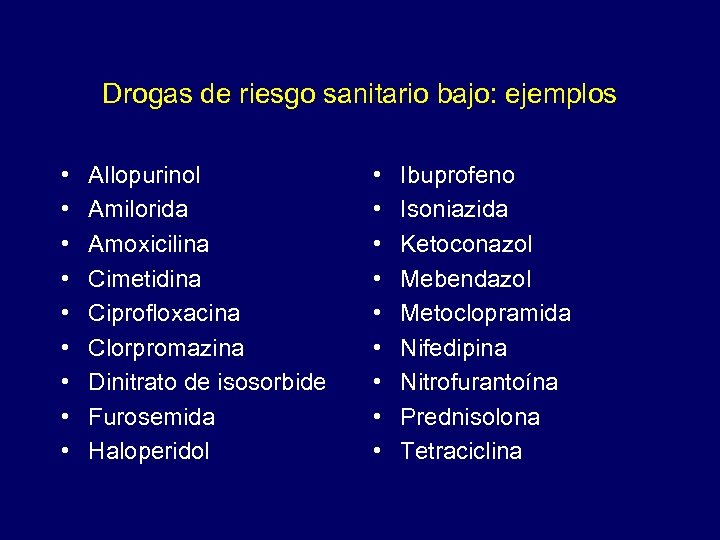 Drogas de riesgo sanitario bajo: ejemplos • • • Allopurinol Amilorida Amoxicilina Cimetidina Ciprofloxacina