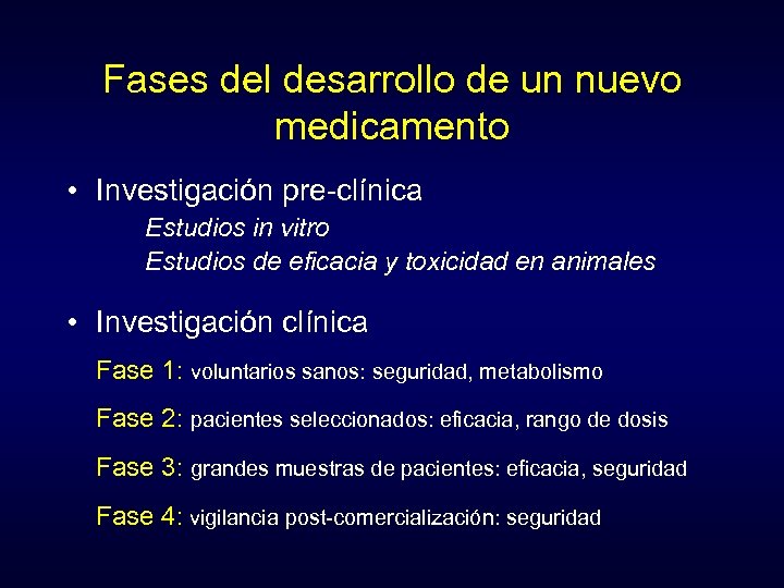 Fases del desarrollo de un nuevo medicamento • Investigación pre-clínica Estudios in vitro Estudios