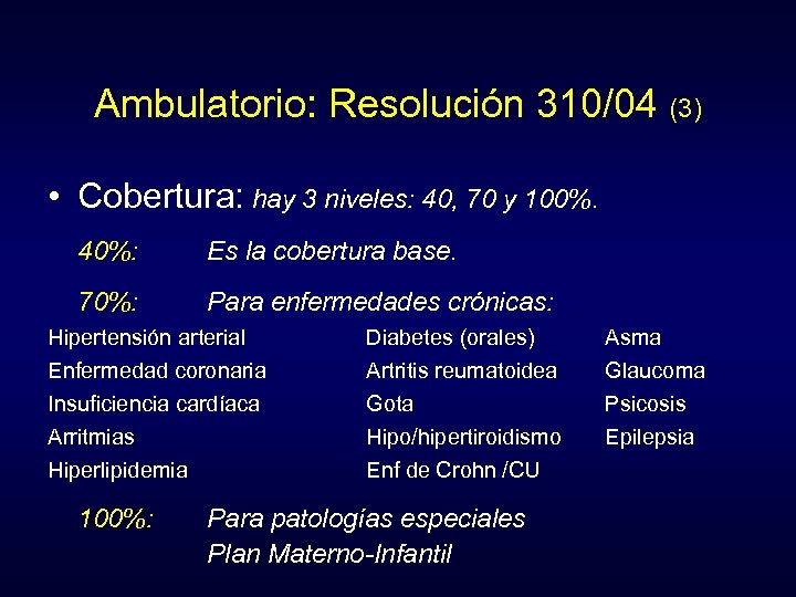 Ambulatorio: Resolución 310/04 (3) • Cobertura: hay 3 niveles: 40, 70 y 100%. 40%: