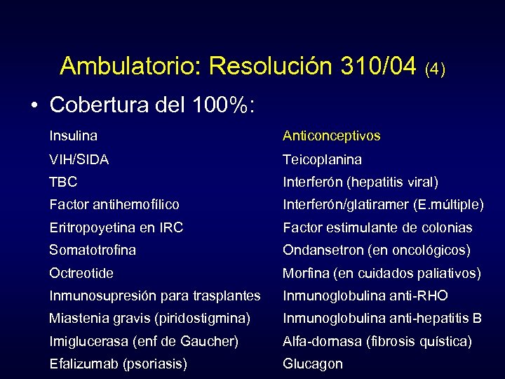Ambulatorio: Resolución 310/04 (4) • Cobertura del 100%: Insulina Anticonceptivos VIH/SIDA Teicoplanina TBC Interferón