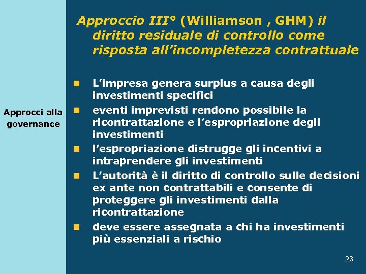Approccio III° (Williamson , GHM) il diritto residuale di controllo come risposta all’incompletezza contrattuale