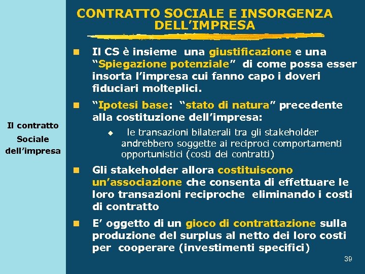 CONTRATTO SOCIALE E INSORGENZA DELL’IMPRESA n Il CS è insieme una giustificazione e una