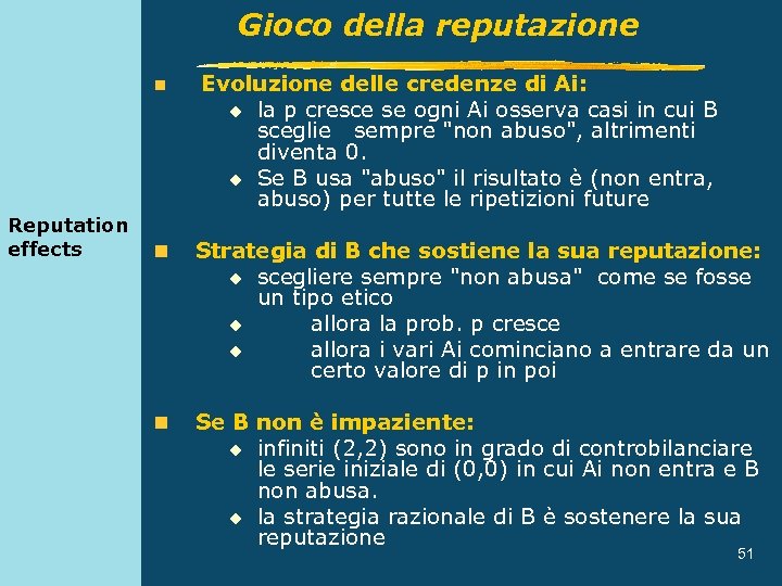 Gioco della reputazione n Reputation effects Evoluzione delle credenze di Ai: u la p