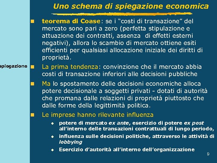 spiegazione Uno schema di spiegazione economica n teorema di Coase: se i “costi di