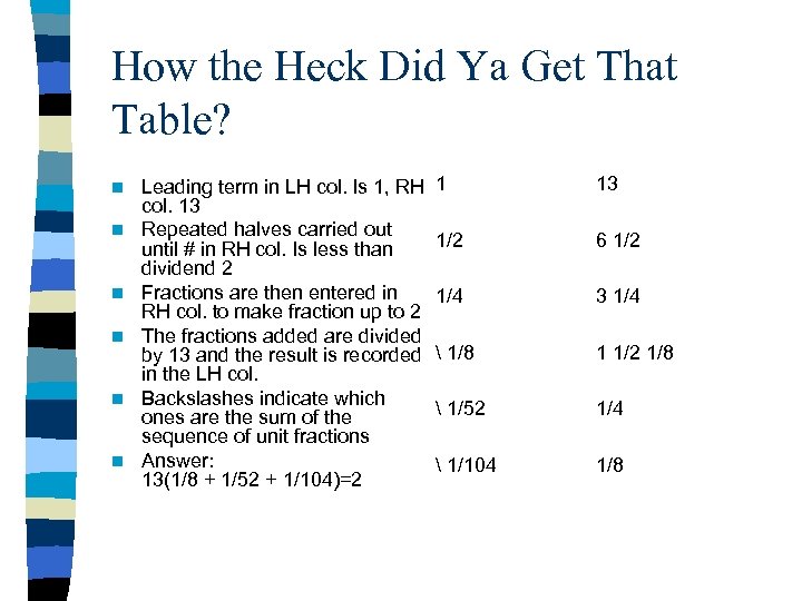 How the Heck Did Ya Get That Table? n n n Leading term in