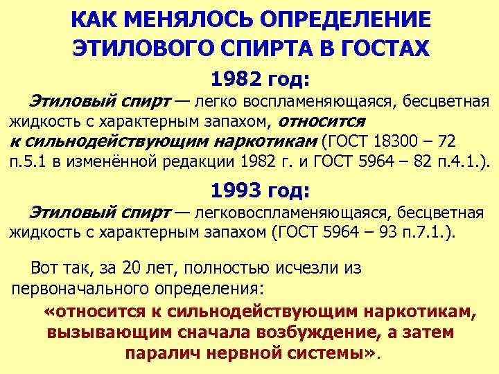 КАК МЕНЯЛОСЬ ОПРЕДЕЛЕНИЕ ЭТИЛОВОГО СПИРТА В ГОСТАХ 1982 год: Этиловый спирт — легко воспламеняющаяся,