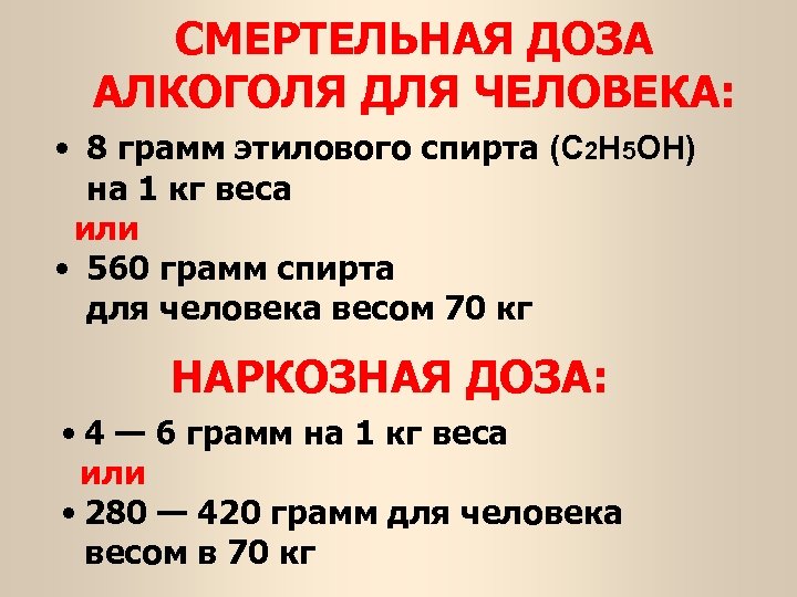 СМЕРТЕЛЬНАЯ ДОЗА АЛКОГОЛЯ ДЛЯ ЧЕЛОВЕКА: • 8 грамм этилового спирта (С 2 H 5