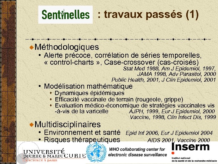 : travaux passés (1) Méthodologiques • Alerte précoce, corrélation de séries temporelles, « control-charts