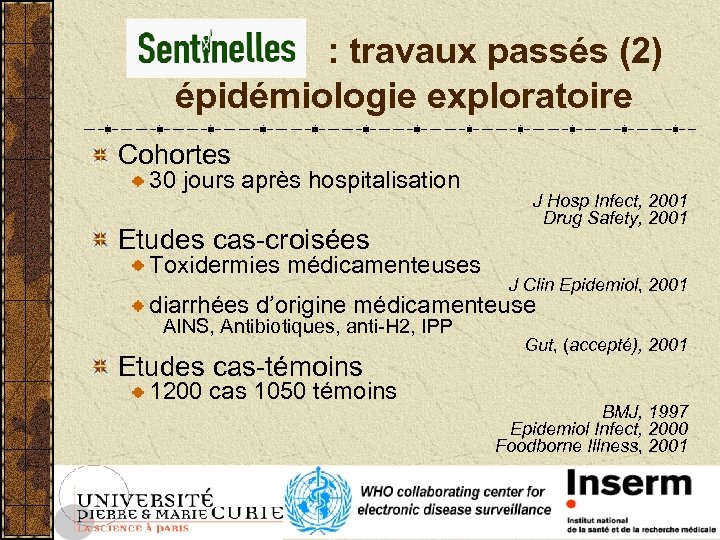 : travaux passés (2) épidémiologie exploratoire Cohortes 30 jours après hospitalisation Etudes cas-croisées Toxidermies