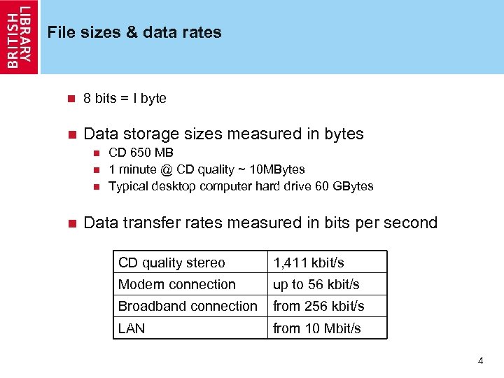 File sizes & data rates n 8 bits = I byte n Data storage