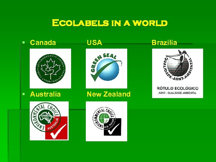 Ecolabels in a world § Canada USA § Australia New Zealand Brazilia 