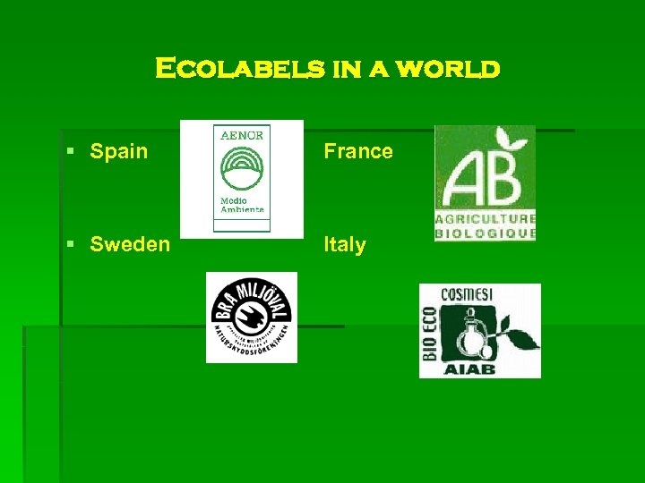 Ecolabels in a world § Spain France § Sweden Italy 