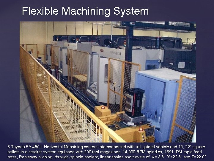 Flexible Machining System 3 Toyoda FA 450 II Horizontal Machining centers interconnected with rail