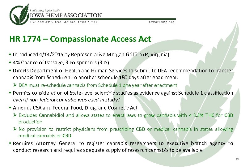 HR 1774 – Compassionate Access Act • Introduced 4/14/2015 by Representative Morgan Griffith (R,