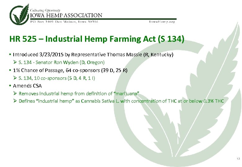 HR 525 – Industrial Hemp Farming Act (S 134) • Introduced 3/23/2015 by Representative