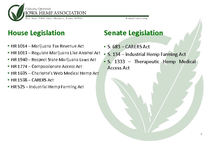 House Legislation • • Senate Legislation HR 1014 – Marijuana Tax Revenue Act •