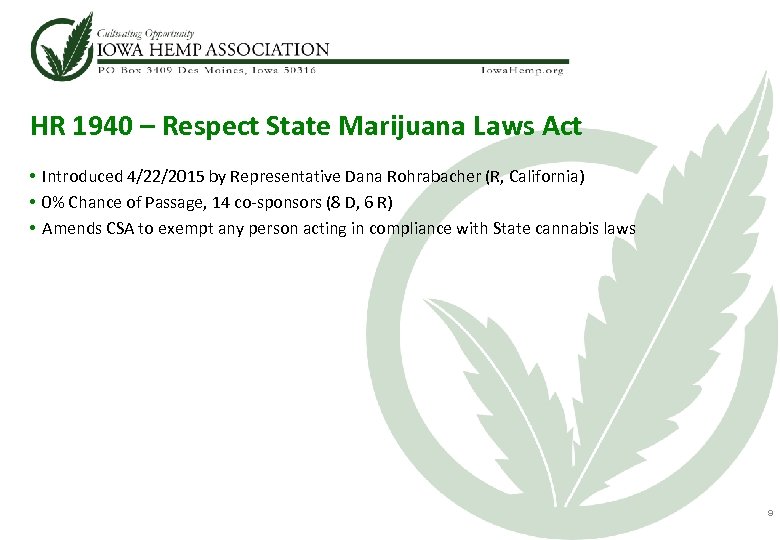 HR 1940 – Respect State Marijuana Laws Act • Introduced 4/22/2015 by Representative Dana